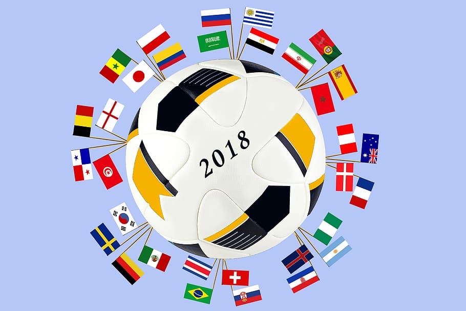 2018, branco, amarelo, bola de futebol, bandeiras, futebol, campeonato do mundo, copa do mundo 2018, rússia, país