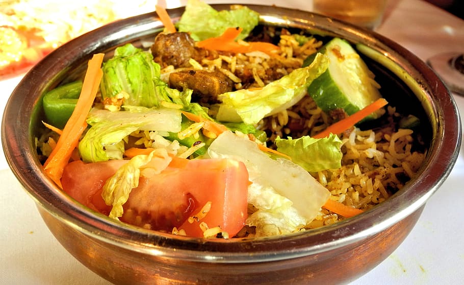 basmati rice, saffron, sliced, vegetable, bowl, indian food, rice, lamb, vegetables, curry