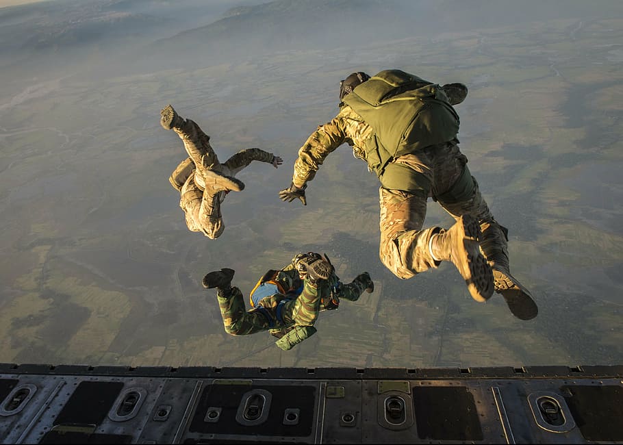 army, jumping, plane, parachute backpack, skydiving, jump, high altitude, halo, falling, parachuting