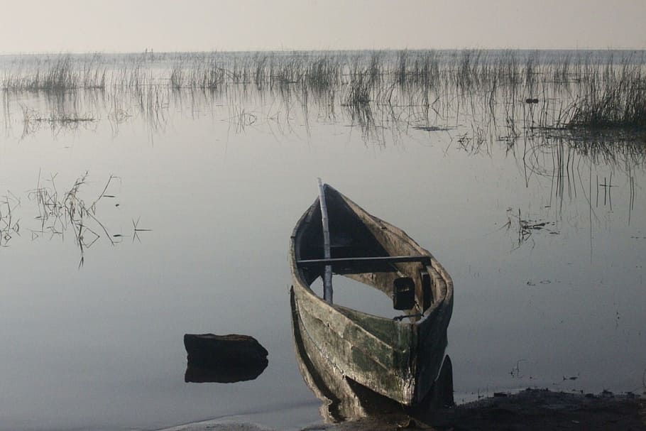 gray, boat, lake, boats, water, floating, empty, still, calm, nature