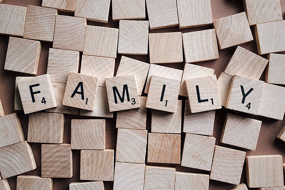 brown, scrabble tiles, family texts, Family, scrabble, blocks, letters, wood - material, large group of objects, full frame