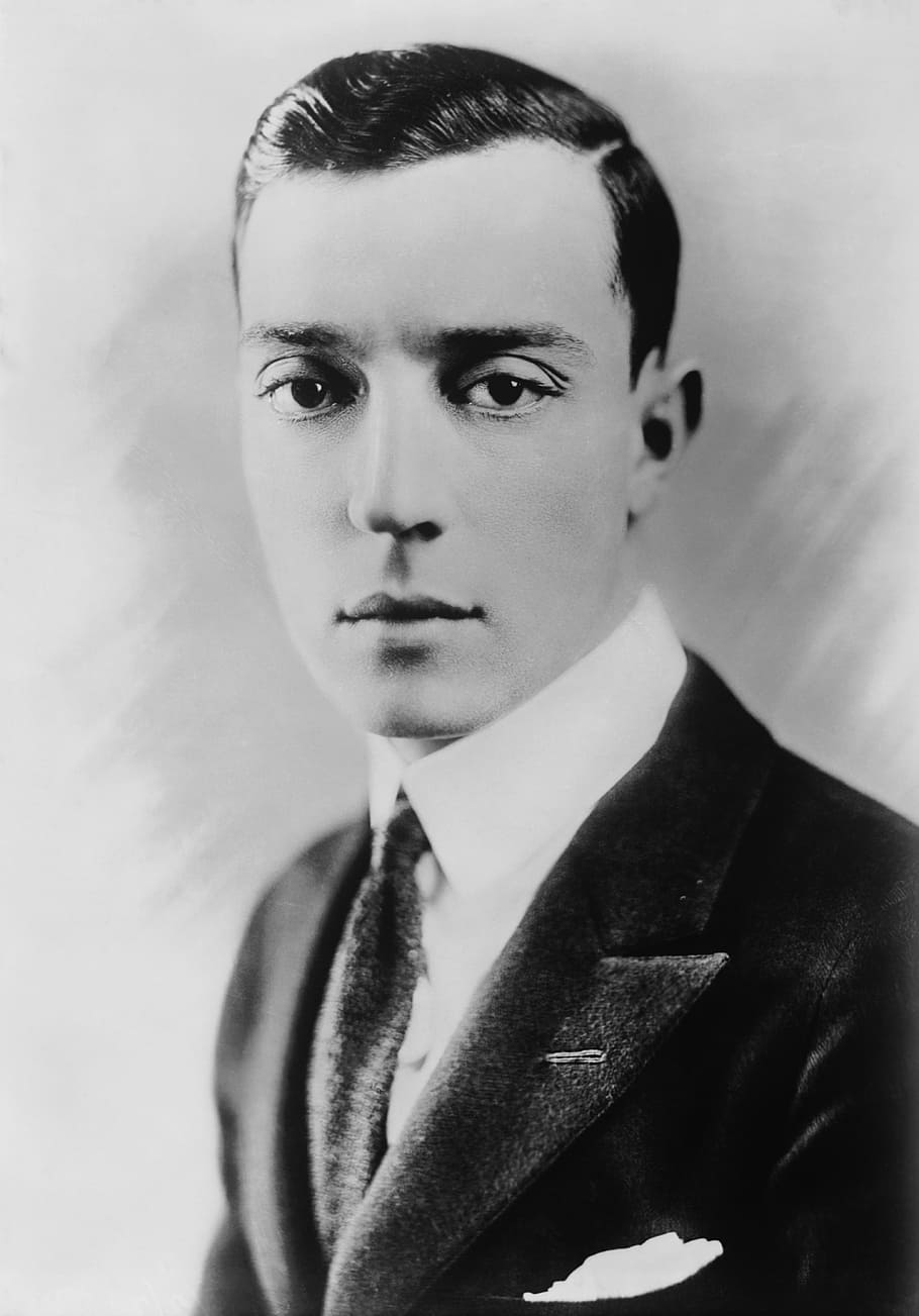 grayscale photography, man, wearing, black, suit, buster keaton, actor, 1920, fashion, portrait
