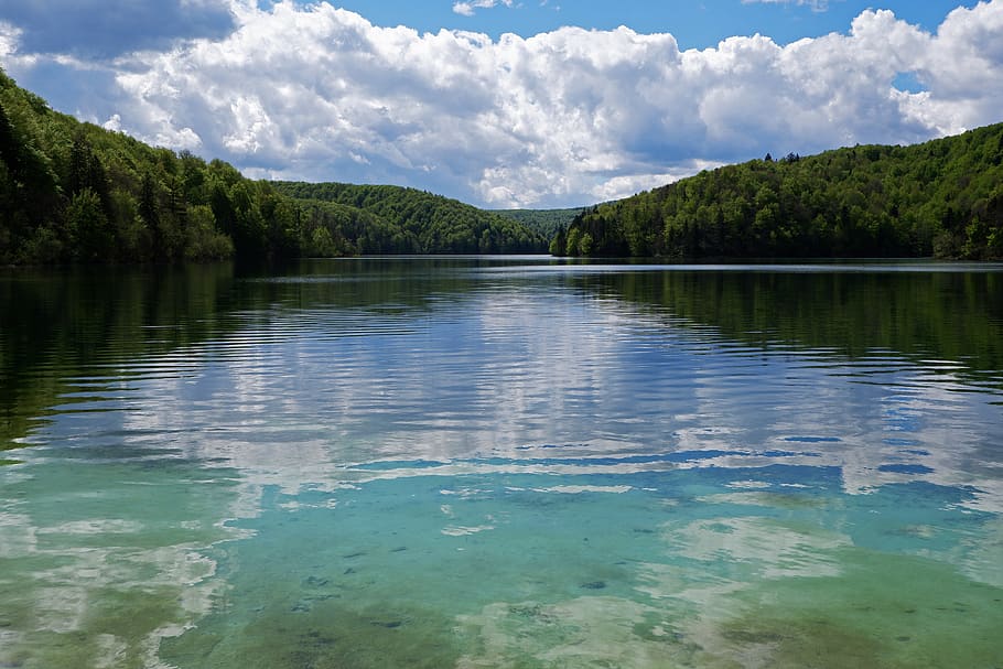 plitvice lakes national park, croatia, lake, landscape, sky, forest, travel, water, green, trees