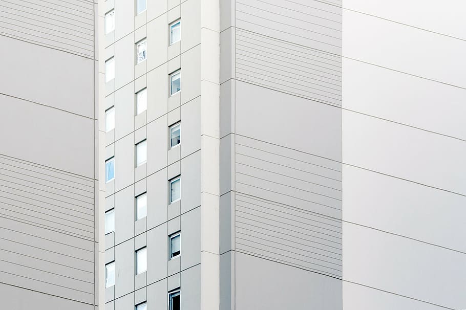 concrete high-rise building, architecture, white, building, infrastructure, design, office, white color, open, storage room