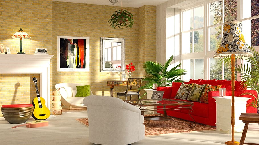 estilo bohemio, lámpara, sofá, rojo, imagen, muebles, el interior de la, diseño, decoración, hogar