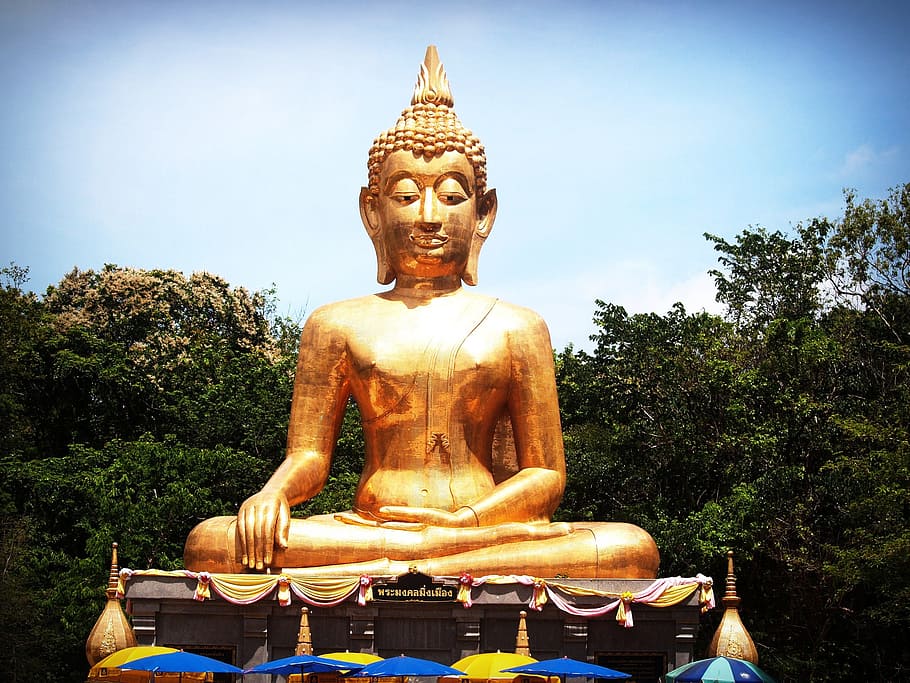 brass-colored buddha statuette, Amnat Charoen, Ancient, Architecture, ancient, architecture, asia, background, bangkok, beautiful, big buddha