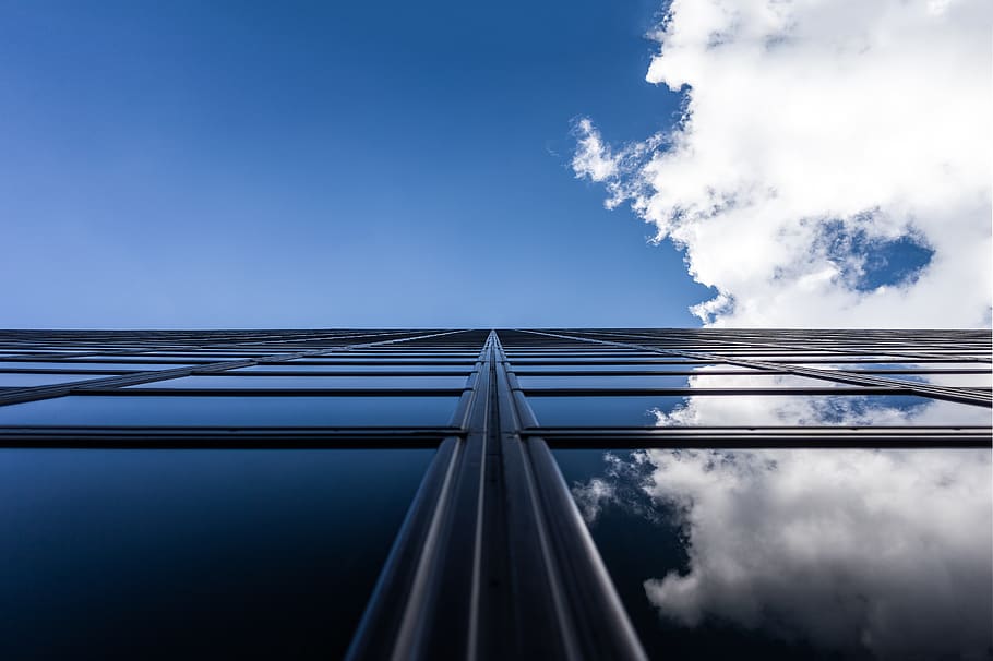 blue, sky, clouds, building, windows, reflection, architecture, city, urban, business