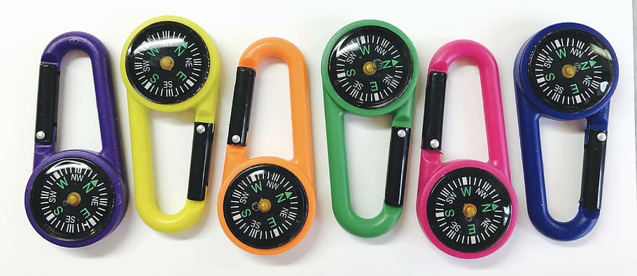 6 assorted-colored compass, carabiner, compass, colorful, hiking, equipment, backpack, survival, climbing, outdoor