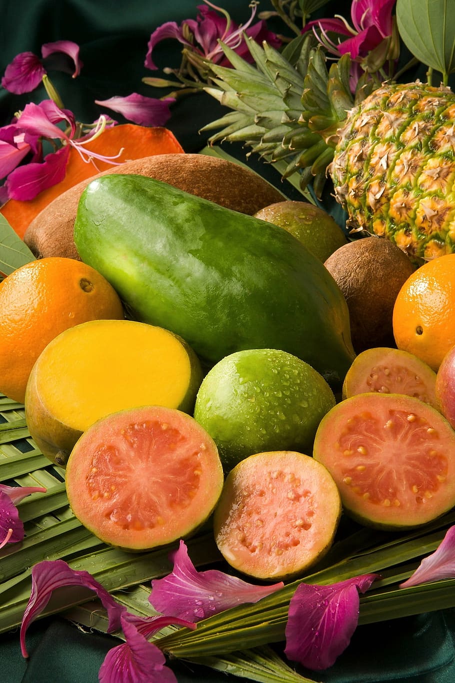 lote de frutas, frutas tropicales, maduro, alimentos, saludable, colorido, amarillo, rojo, naranja, verde