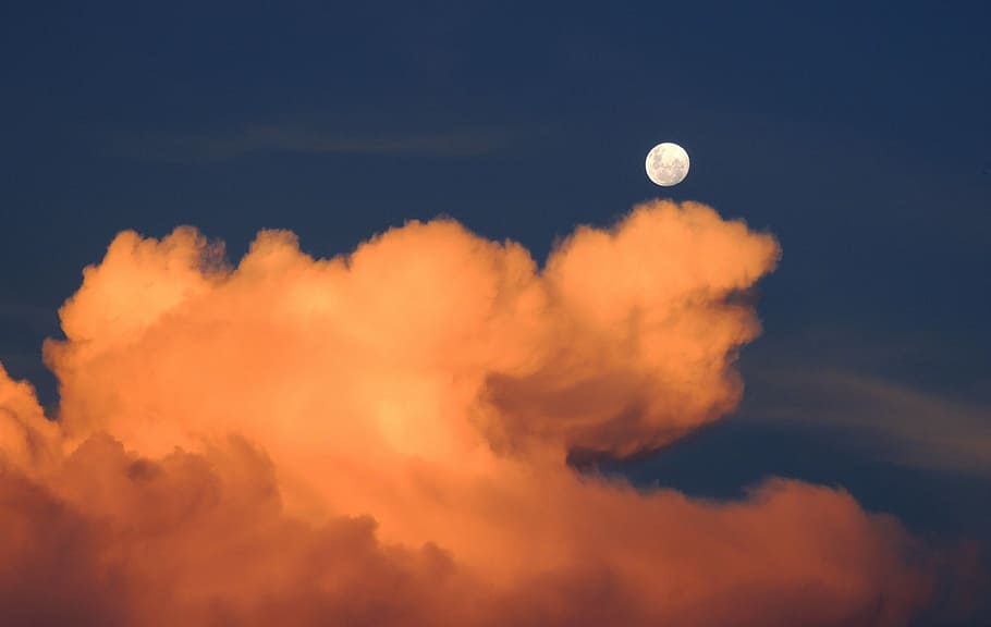 view, nimbus cumulus clouds, full, moon, clouds, sky, day, the moon by day, sunset, nature