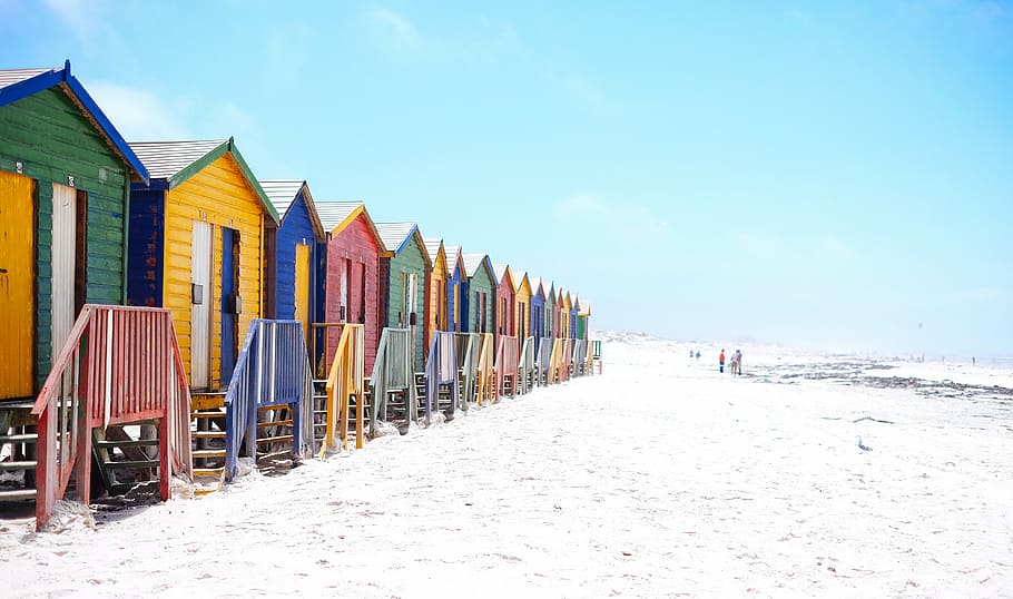 assorted-colored, wooden, cottages, seashore, beach, colorful, colourful, facade, houses, hut