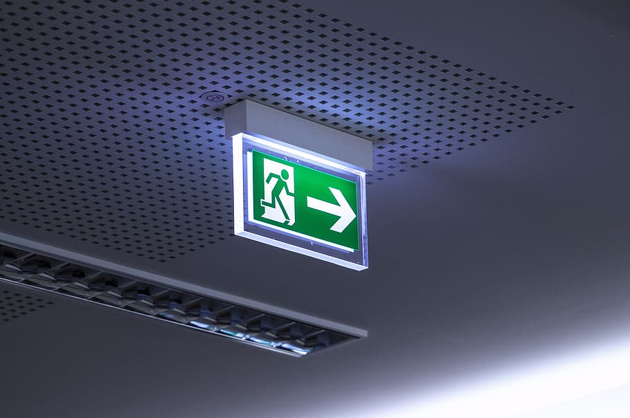 emergency exit, escape, fire, evacuation, security, green, note, symbol, shield, fire protection