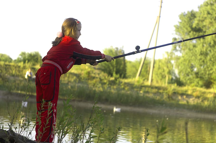 fishing, girl, rod, nature, lake, small river, vacation, pond, summer, river