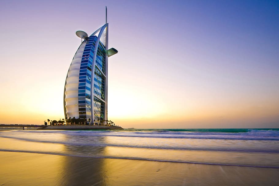 버즈 칼리파, 두바이, 주간, 버즈 알 아랍, 두바이에서 가장 큰 호텔, 가장 높은 호텔 두바이, 바다, 물, 하늘, 건축물