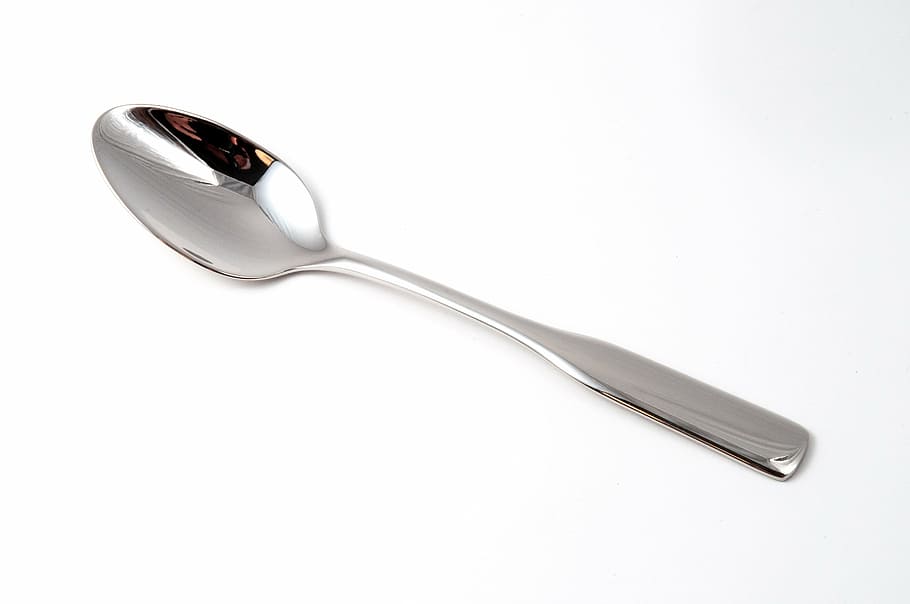 gray, stainless, steel spoon, teaspoon, coffee spoon, metal, eat, spoon, silverware, fork