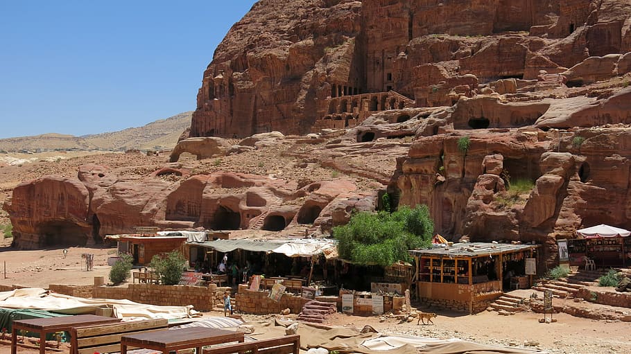 cafe, petra, jordania, antigua, árabe, tradicional, beduina, formación rocosa, roca, arquitectura