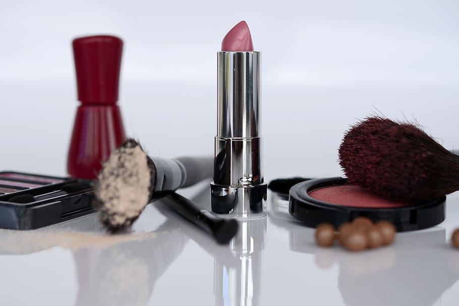 assorted-brand cosmetic collection, cosmetics, lipstick, eye shadow, rouge, brush, make up, beauty, reddish, cheeks