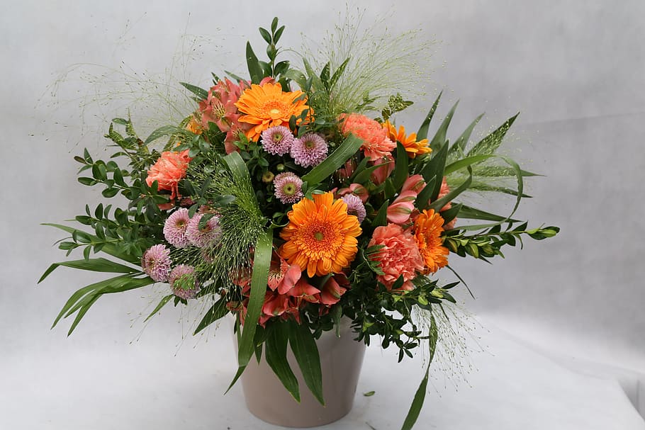 oranye, merah muda, bunga krisan pusat, putih, tekstil, bunga krisan, bunga, tengah, vas, karangan bunga