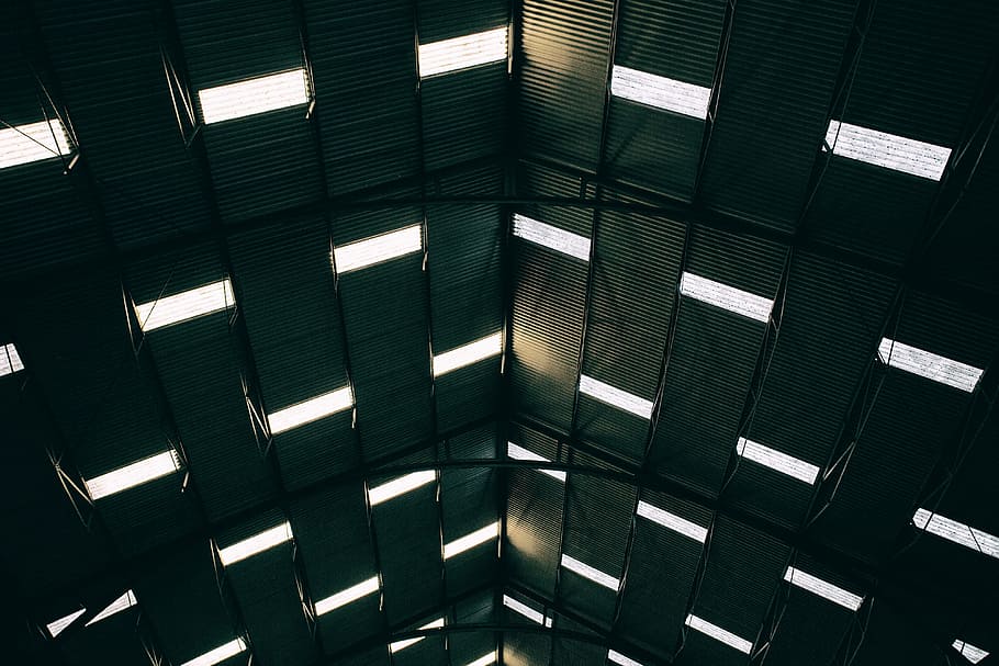 wide, angle shot, light patterns, coming, roof, large, building, Wide angle, shot, light
