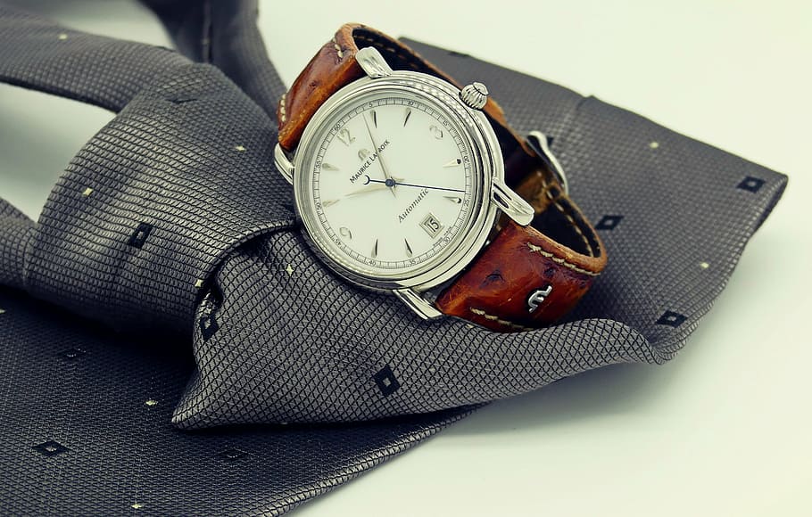 round silver-colored bezel analog, watch, top, gray, necktie, wrist watch, clock, tie, mens, man