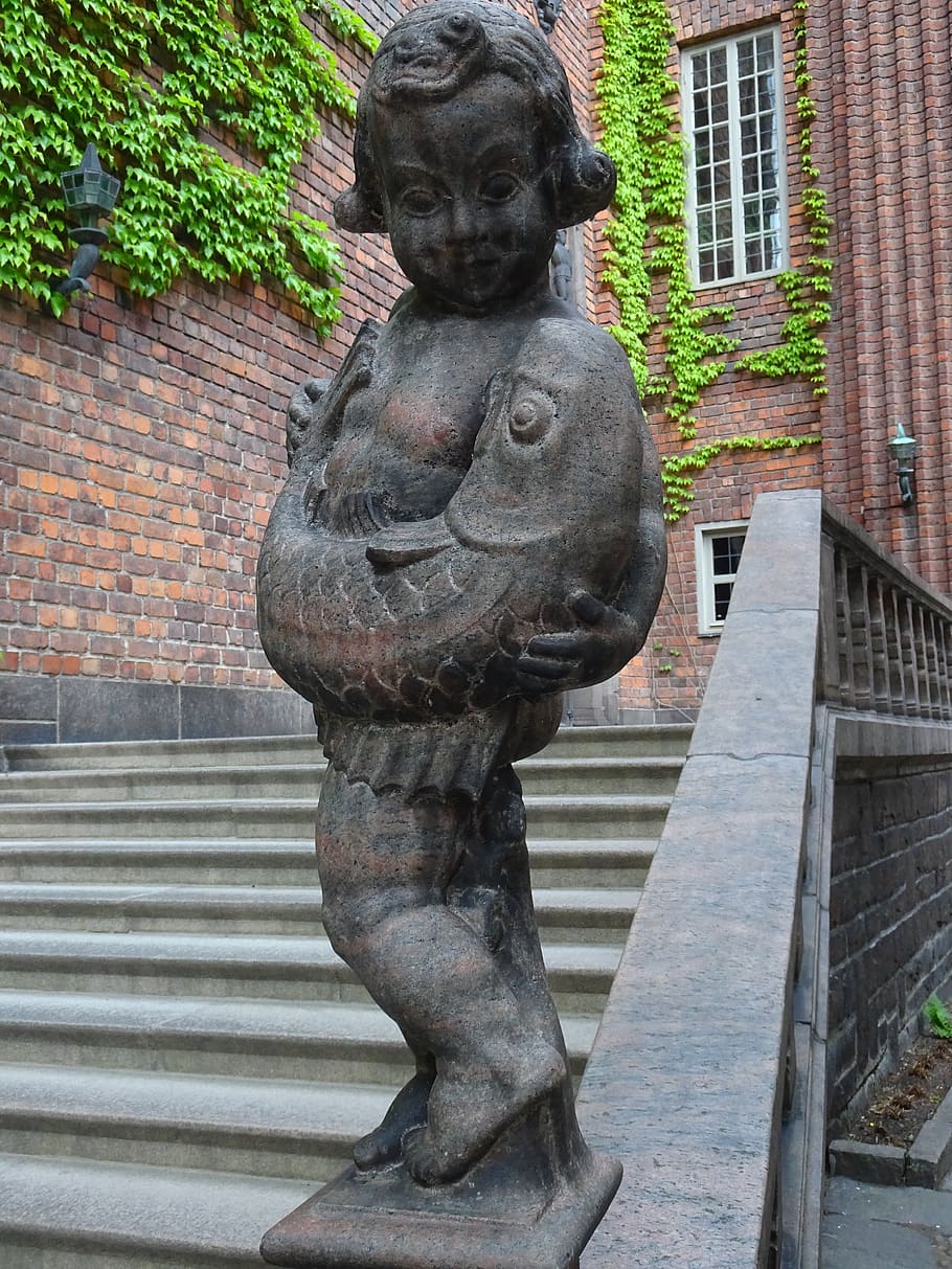 staircase, sculpture, fish, child with fish, stockholm, town hall, sweden, brick, art and craft, representation