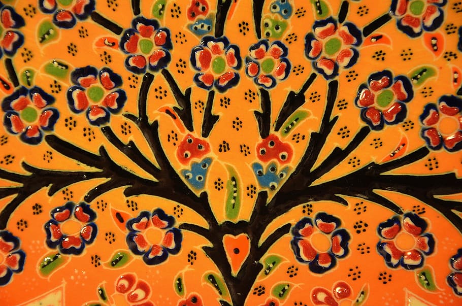 oranye, hitam, merah, bunga, lukisan, mosaik, ubin, seni, keramik, warna-warni