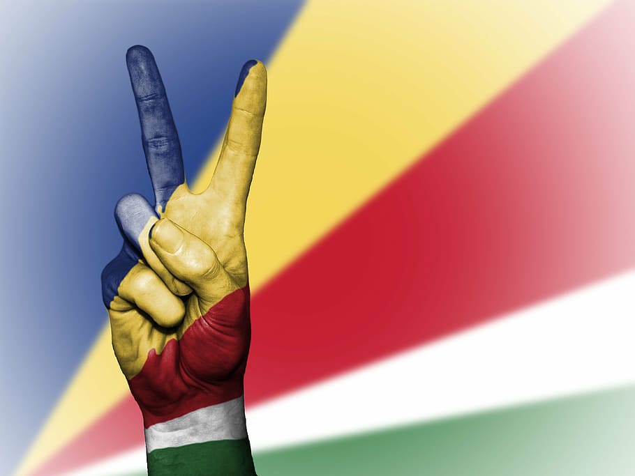 person, showing, peace sign, seychelles, peace, hand, nation, background, banner, colors