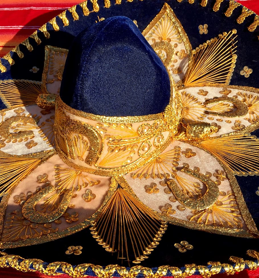 fechar, fotografia, chapéu mariachi, sombrero, chapéu, mexicano, mariachi, azul, ouro, bordado