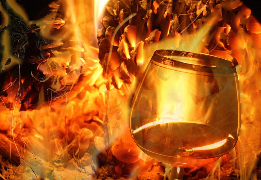 Ilustración de copa de vino, quemar, brasas, fuego, caliente, otoño, frío, ardiente, chimenea, factura