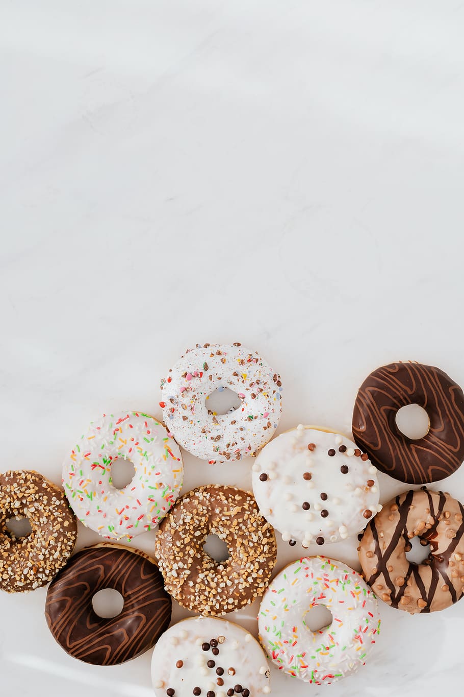 donuts, doughnuts, flat, marble, delicious, sweet, bake, bakery, donut, Various