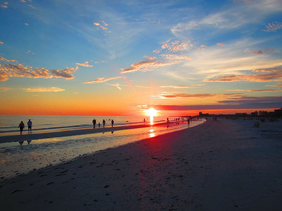 Persona, caminar, orilla del mar, playa, puesta de sol, siesta key, Florida, Sunset Beach, amanecer, océano
