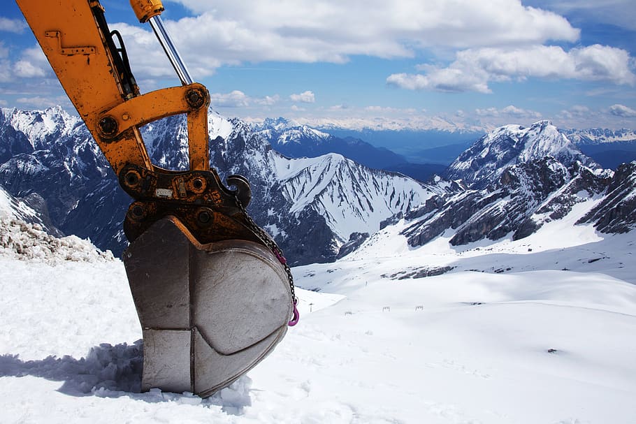 excavators, backhoe bucket, snow, zugspitze, mountains, ice, rock, winter, glacier, cold temperature