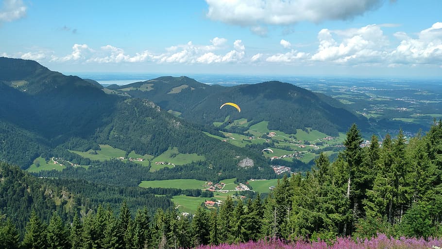 di bawah gunung, paraglider, ruhpolding, chiemgau, alpine, bavaria atas, kereta gantung, langit, awan, pegunungan