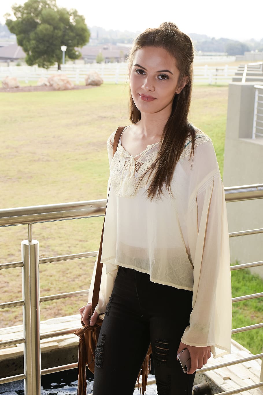 woman, white, long-sleeved, shirt, standing, gray, handrail, teenager, girl, pretty