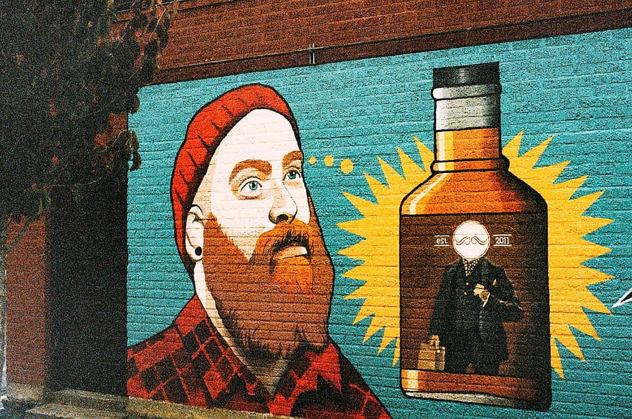 parede, pintura, graffiti, homem, laranja, barba, chapéu, toque, xadrez, hipster