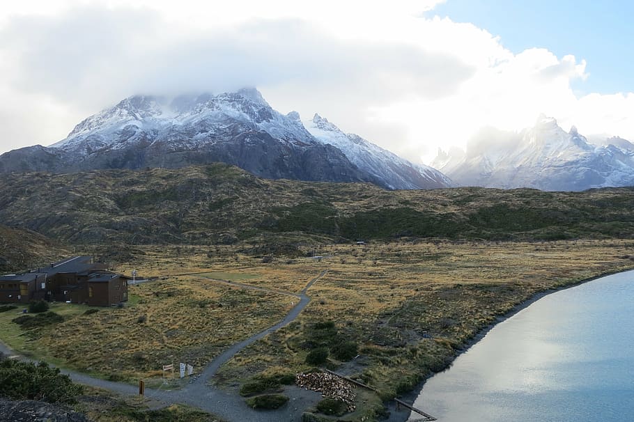 landscape photography, brown, house, lake, mountain, aerial, view, Torres Del Paine, Patagonia, Chile