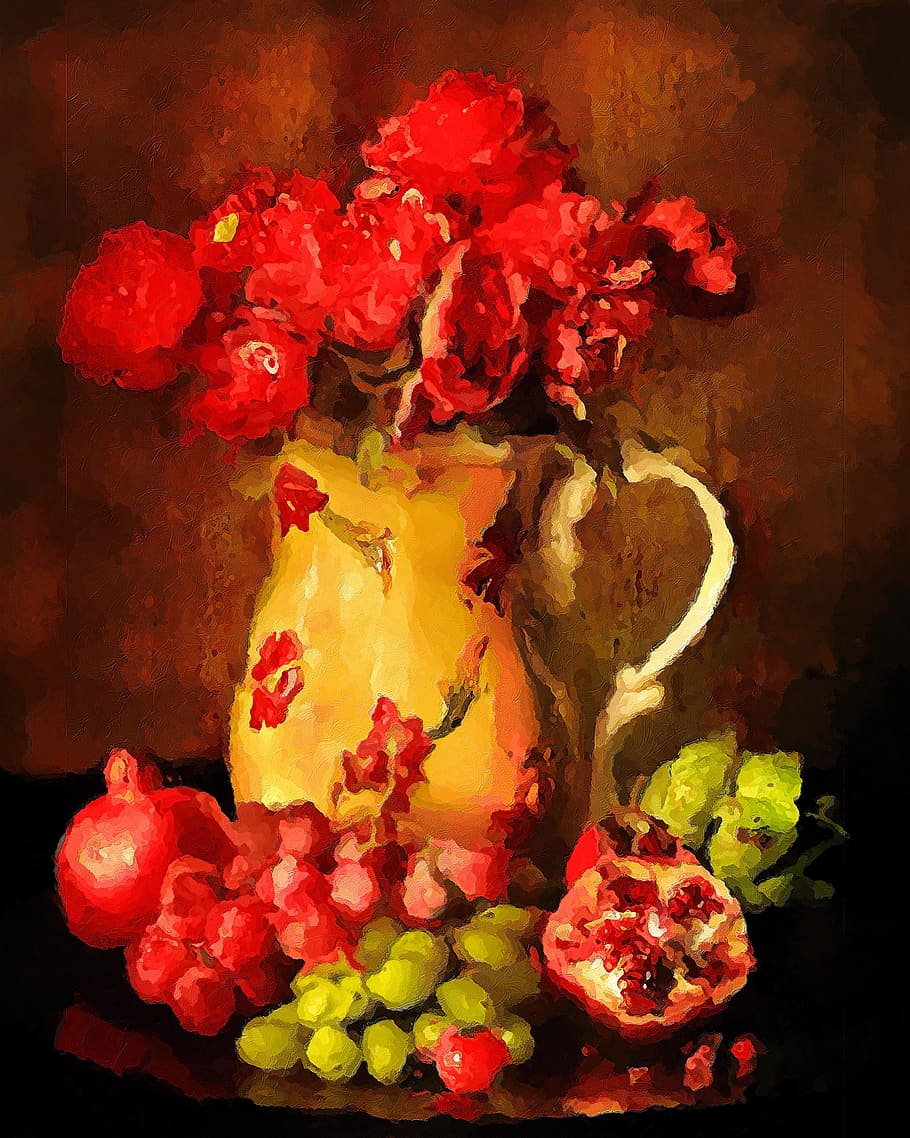 red, roses, brown, vase painting, still life, fruits, flowers, yellow, food, fresh