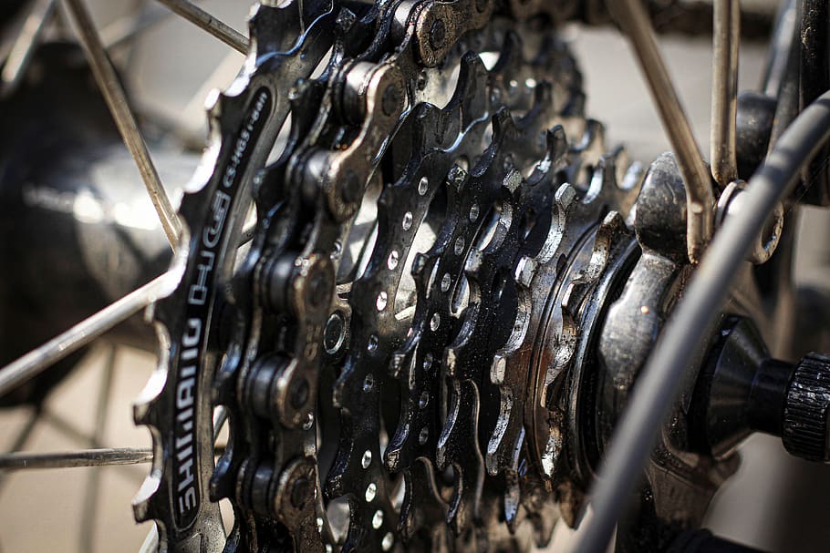 bike, bicycle chain, gear, spokes, wheel, rustic, dirty, oily, metal, close up