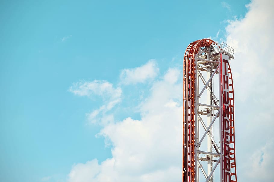 amusement park, roller coaster, fun, ride, summer, sunshine, blue, sky, cloud - sky, low angle view