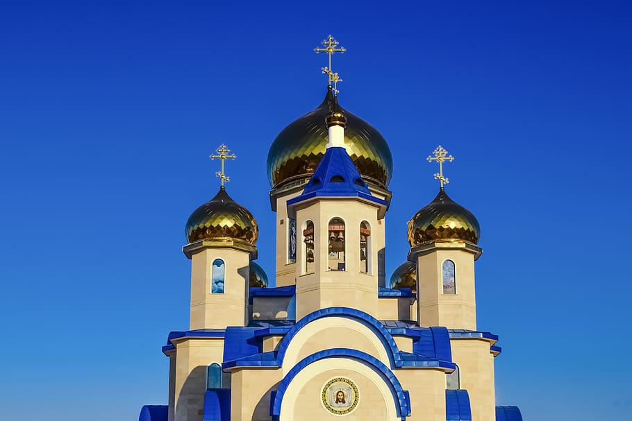 white, blue, gold dome cathedral, tamassos bishop, russian church, dome, golden, architecture, religion, orthodox