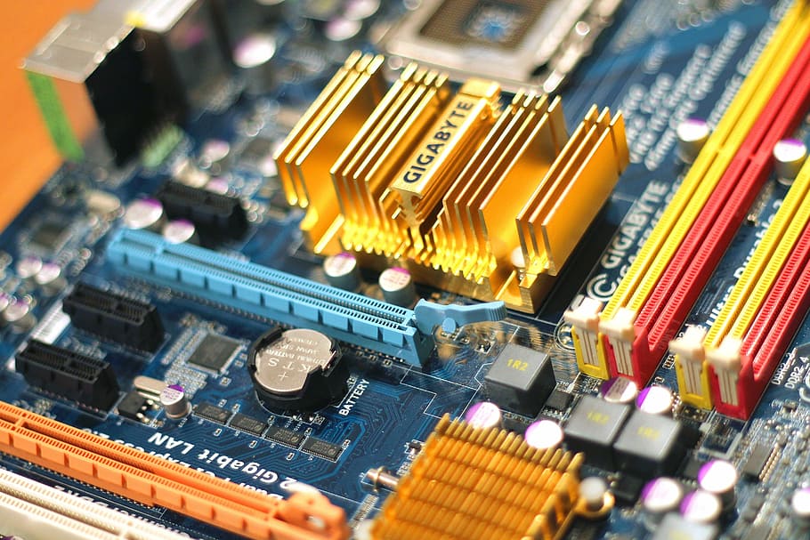 azul, amarillo, rojo, placa base de computadora, placa base, circuitos, computadora, partes, tecnología, placa de circuito