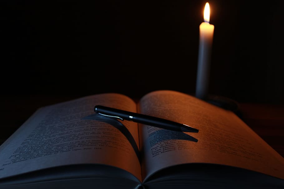 black, click pen, open, book, cnadle, candle, old, light, library, old books