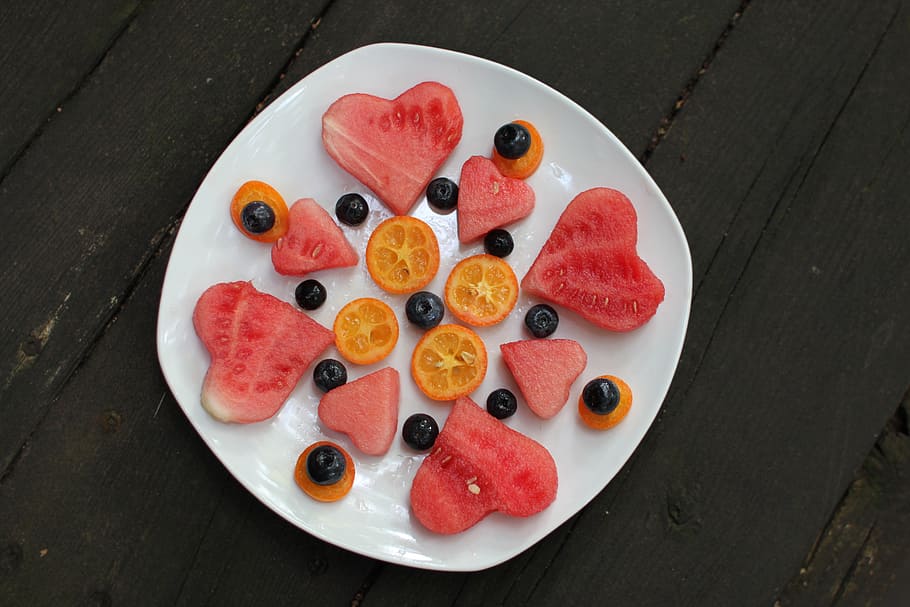 sliced, watermelon, orange, fruits, olives, blueberries, fruit, plate, white, wood