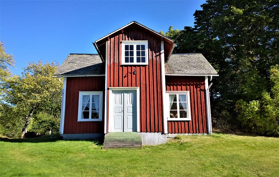 red, white, wooden, barn house, cottage, house, red cottage, torp, old house, roof
