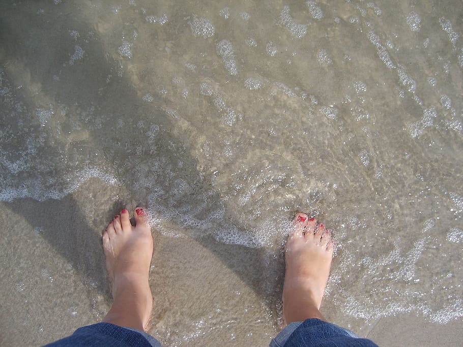 feet, sea, holiday, the rate of, relaxation, barefoot, beach, human leg, low section, water