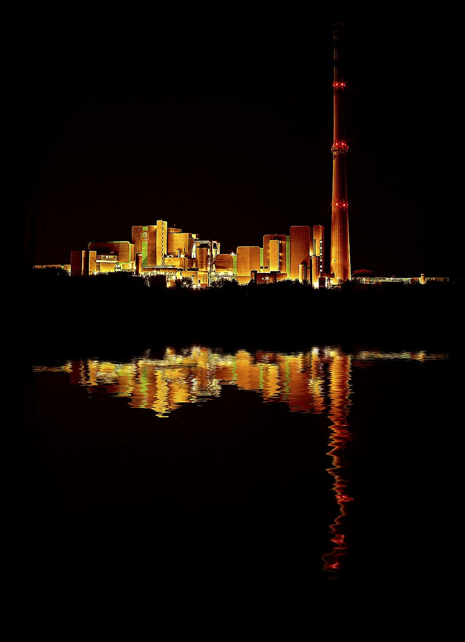 lightened, city, night time, waste incineration, incinerator, chimney, exhaust, industry, fireplace, night photograph