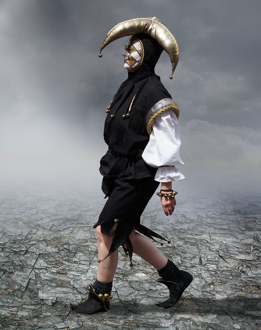 person, wearing, black, white, gold jester suit, harlequin, venezia, face, the mask, masquerade