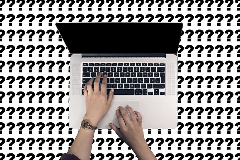 person, using, macbook, pro, laptop, keyboard, hands, hand, question mark, note
