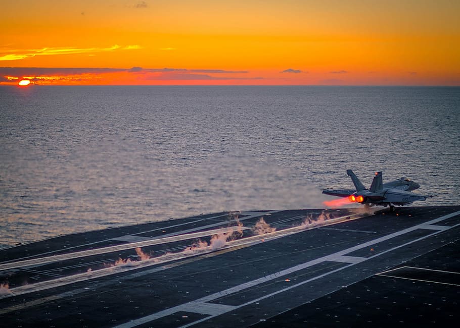 gray, plane, runway, body, water, sunset, seascape, aircraft, jet, military