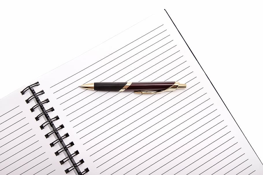 brown, black, click pen, white, ruled, paper, office, pen, notebook, diary
